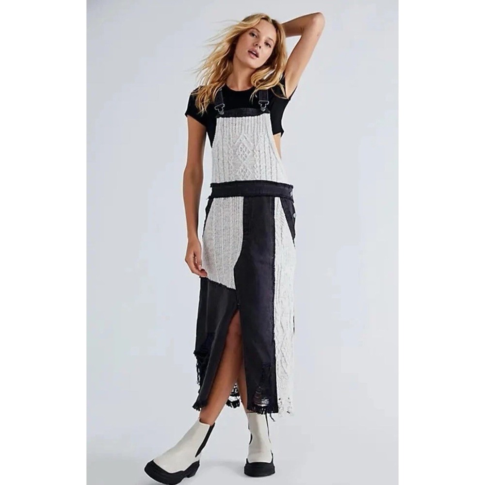 Free People Brighton Skirtall Overalls Denim Cable‎ Knit Black Ivory Knit Sz XS